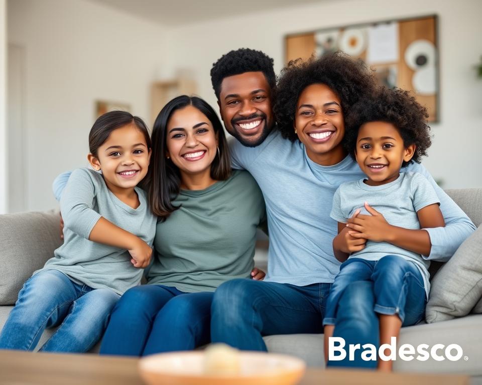 Família sorridente beneficiária do plano Bradesco de saúde
