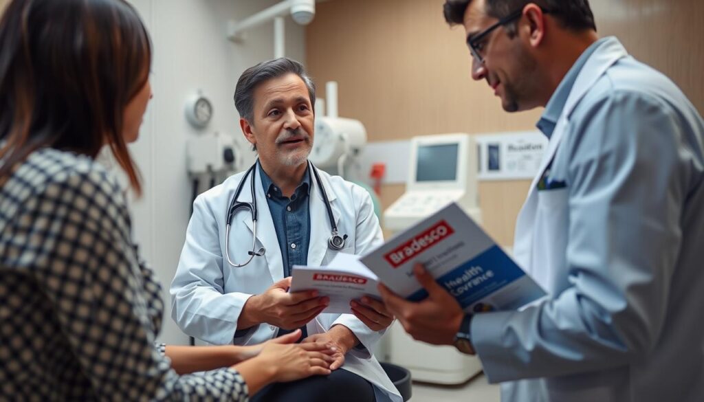 Médico explicando coberturas do plano Bradesco de saúde para paciente